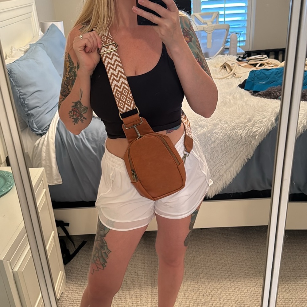 Brown Faux Leather Sling Bag with Geometric Strap